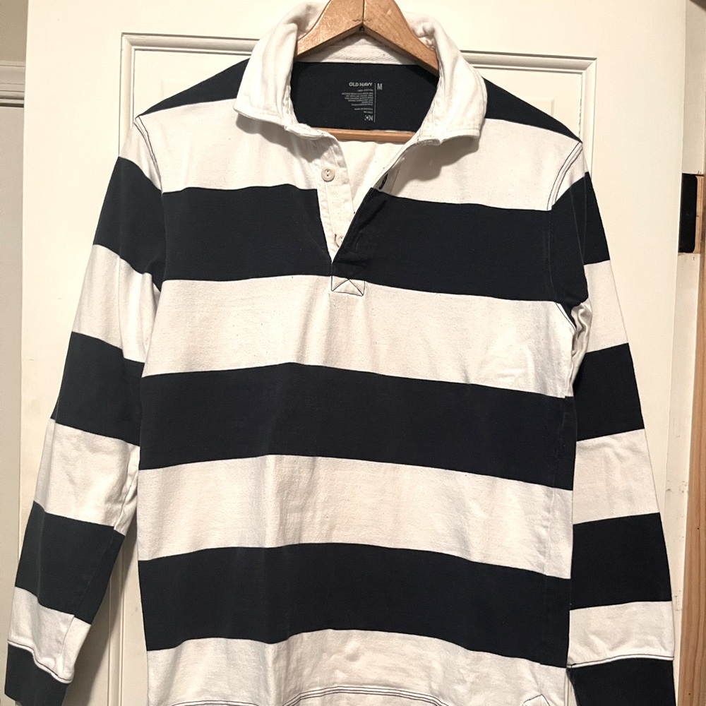 Blue and white striped long sleeve collared Old Navy polo shirt.